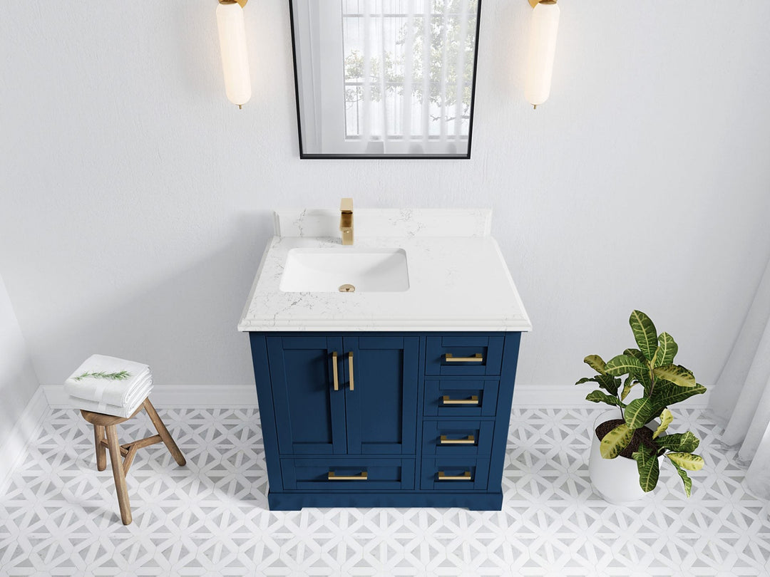 Boston 36 in. W x 22 in. D Single Sink Bathroom Vanity in Navy Blue with 1.5 in Double Cove Edge Empira White Quartz Countertop - Top View