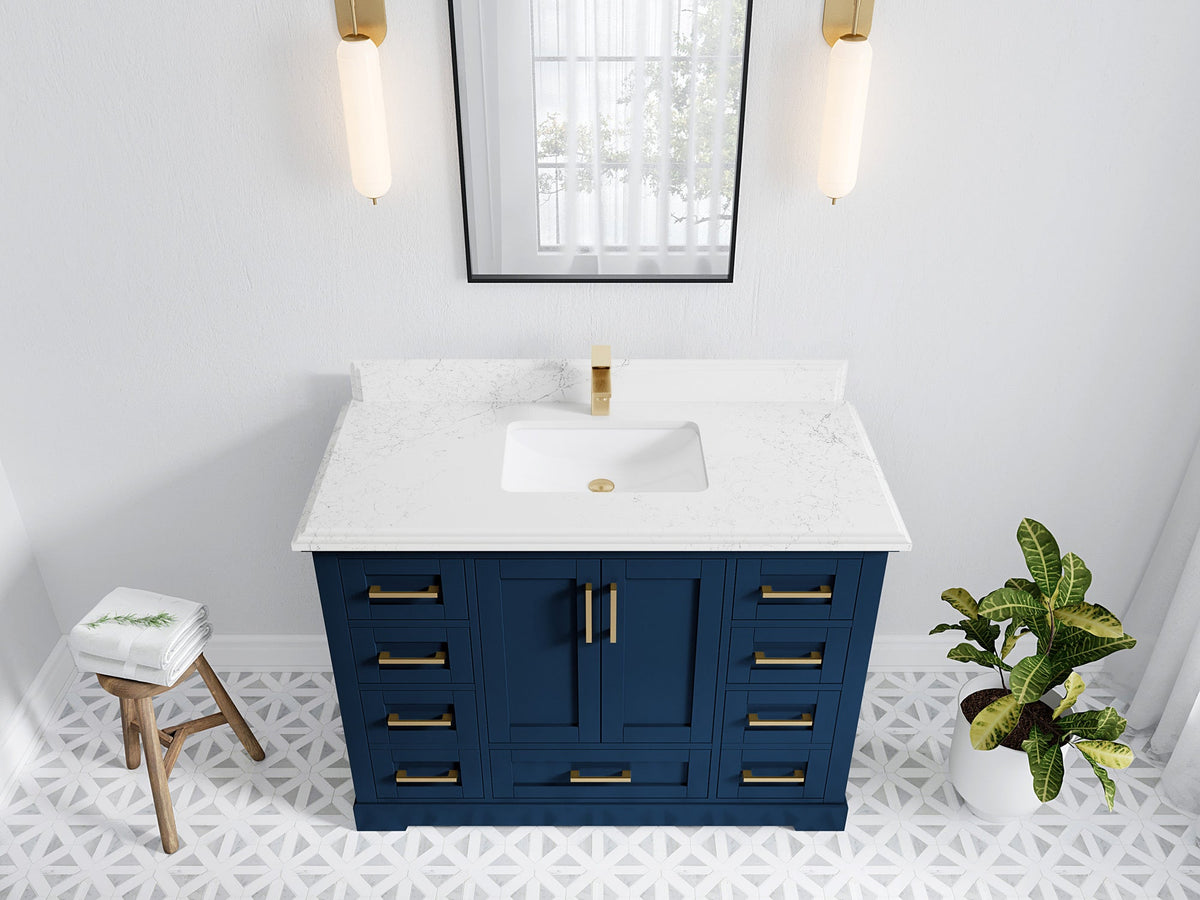 Boston 48 in. W x 22 in. D Single Sink Bathroom Vanity in Navy Blue with 1.5 in Double Cove Edge Empira White Quartz Countertop - Top View