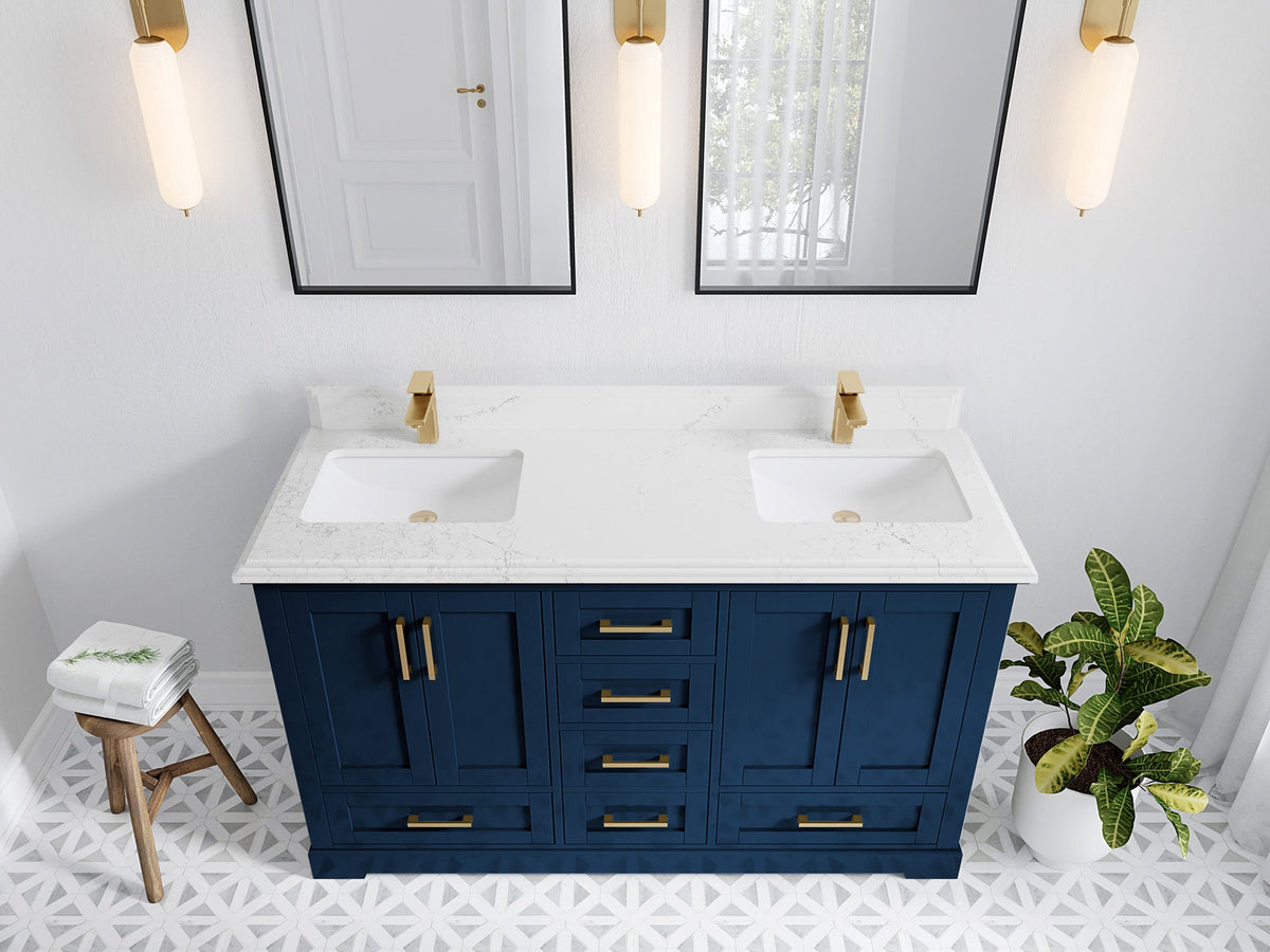 Boston 60 in. W x 22 in. D Double Sink Bathroom Vanity in Navy Blue with 1.5 in Double Cove Edge Empira White Quartz Countertop - Top View