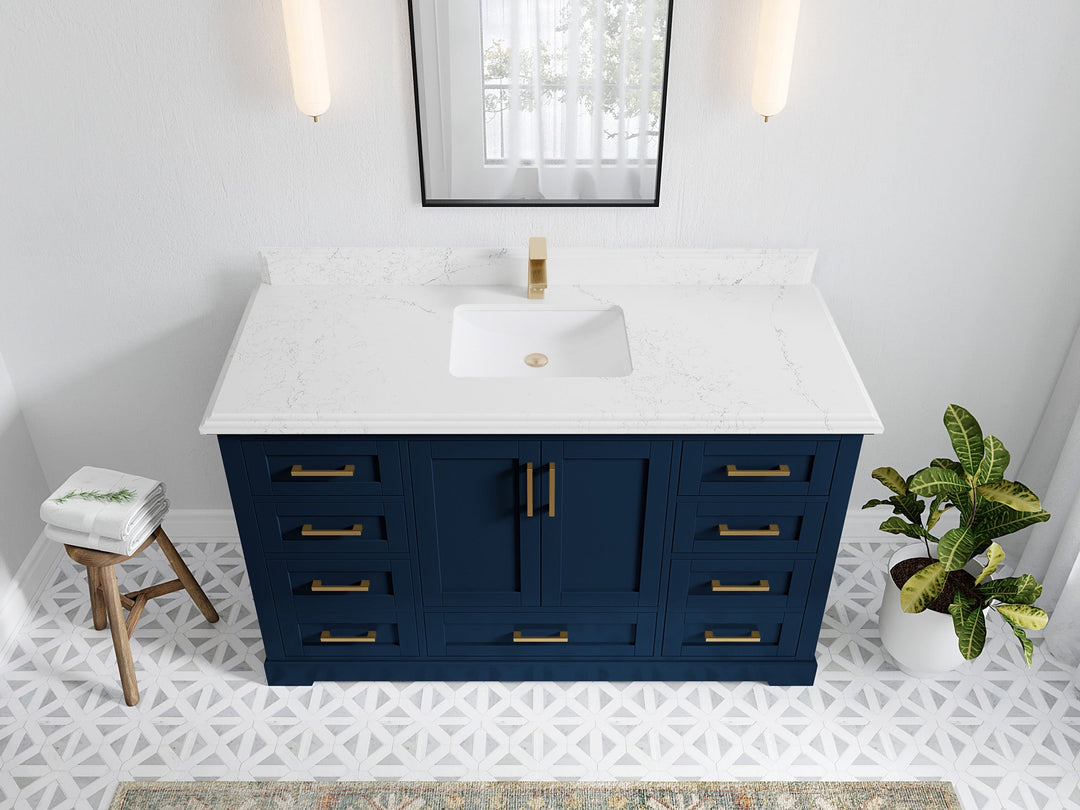 Boston 60 in. W x 22 in. D Single Sink Bathroom Vanity in Navy Blue with 1.5 in Double Cove Edge Empira White Quartz Countertop - Top View