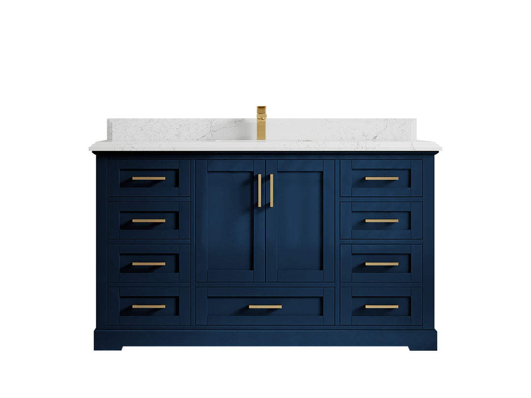 Boston 60 in. W x 22 in. D Single Sink Bathroom Vanity in Navy Blue with 1.5 in Double Cove Edge Empira White Quartz Countertop