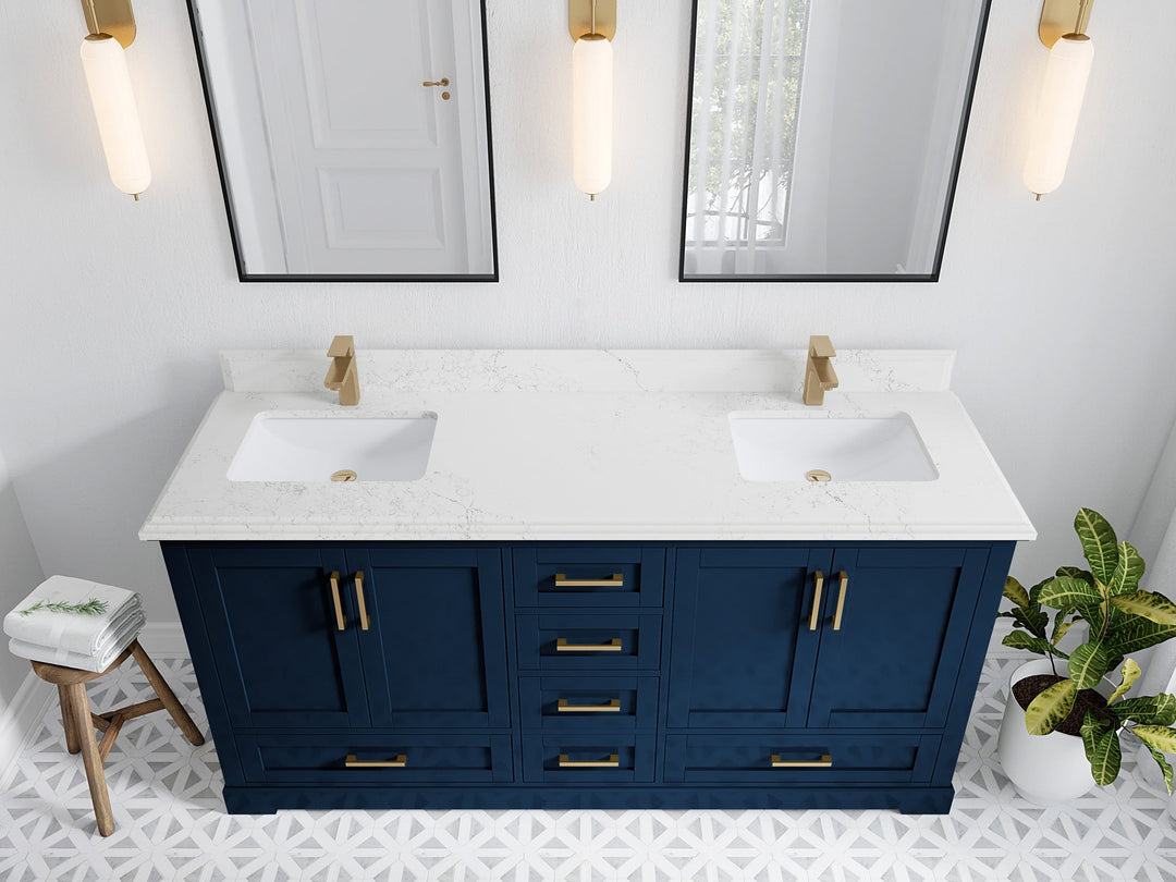 Boston 72 in. W x 22 in. D Double Sink Bathroom Vanity in Navy Blue with 1.5 in Double Cove Edge Empira White Quartz Countertop - Top View