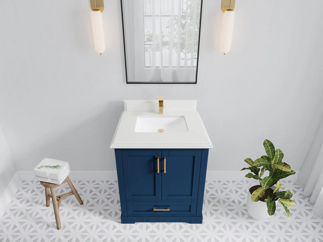Boston 30 in. W x 22 in. D Single Sink Bathroom Vanity in Navy Blue with 1.5 in Double Cove Edge White Quartz Countertop - Top View