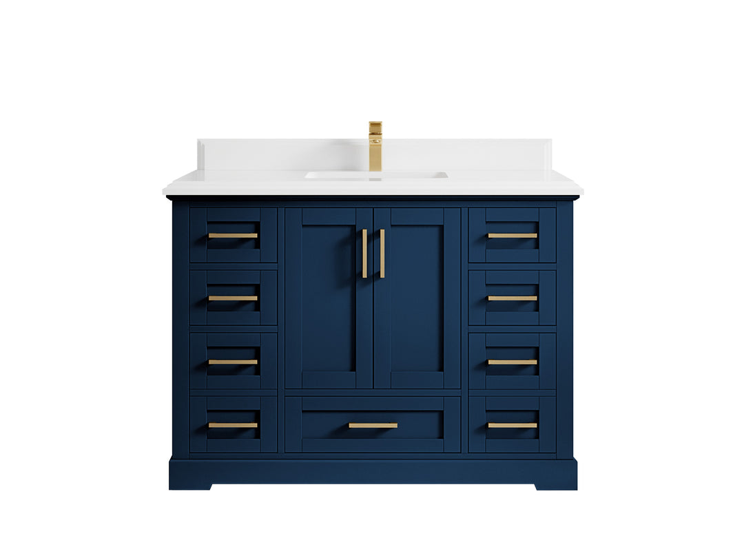 Boston 48 in. W x 22 in. D Single Sink Bathroom Vanity in Navy Blue with 1.5 in Double Cove Edge White Quartz Countertop