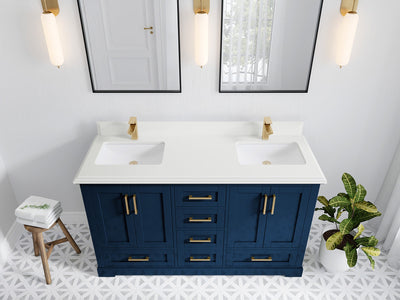 Boston 60 in. W x 22 in. D Double Sink Bathroom Vanity in Navy Blue with 1.5 in Double Cove Edge White Quartz Countertop - Top View