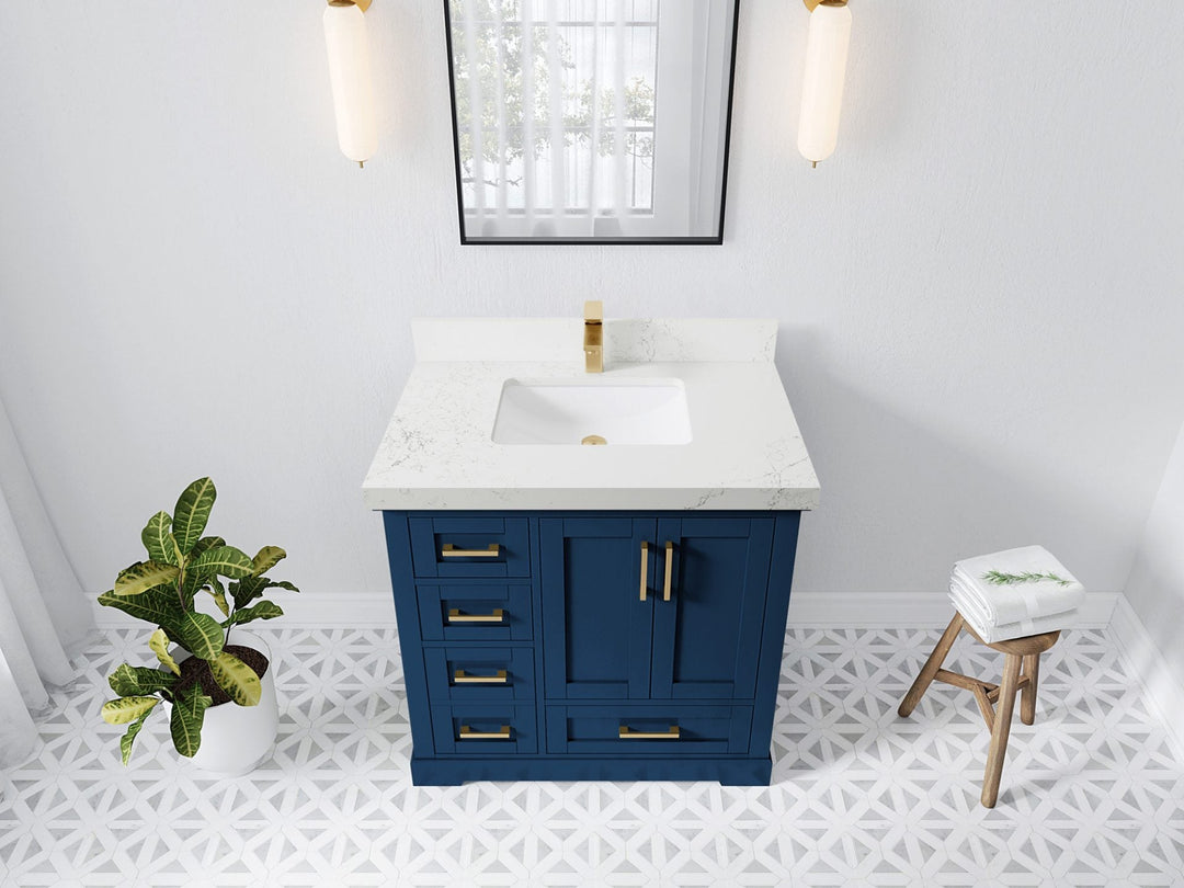Boston 36 in. W x 22 in. D Single Sink Bathroom Vanity in Navy Blue with 2 in Empira White Quartz Countertop - Top View