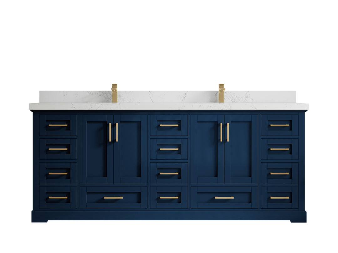 Boston 84 in. W x 22 in. D Double Sink Bathroom Vanity in Navy Blue with 2 in Empira White Countertop