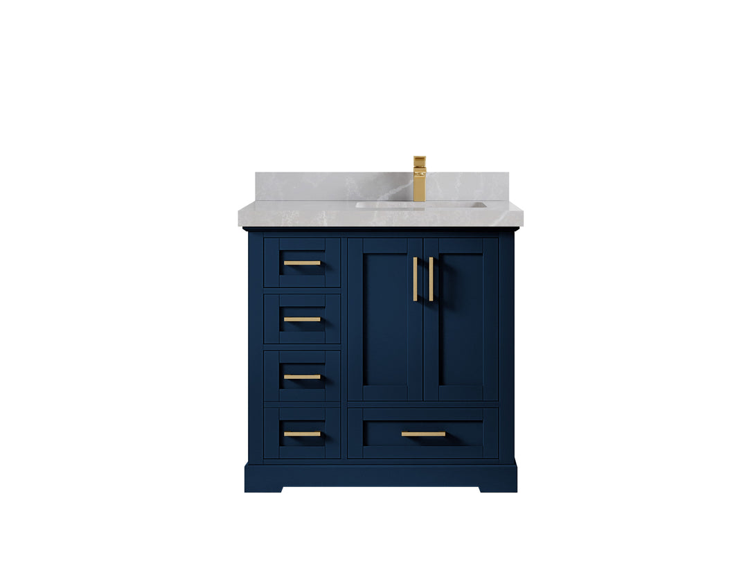 Boston 36 in. W x 22 in. D Single Sink Bathroom Vanity in Navy Blue with 2 in Pearl Light Gray Countertop
