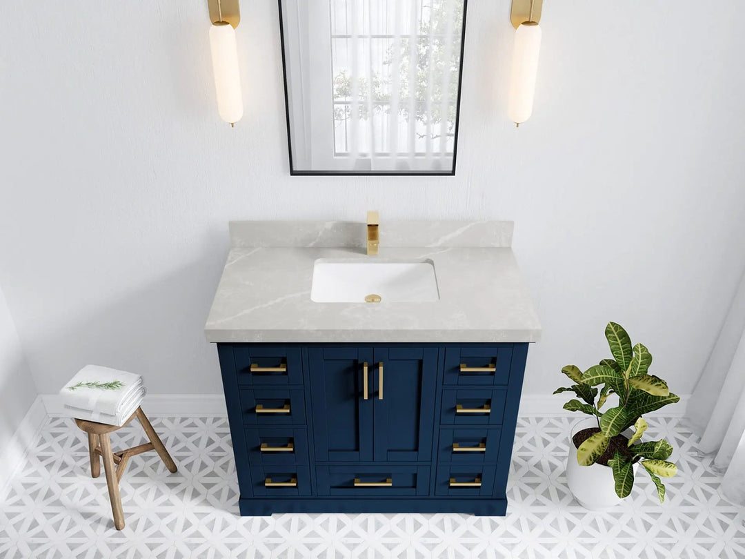 Boston 42 in. W x 22 in. D Single Sink Bathroom Vanity in Navy Blue with 2 in Pearl Light Gray Quartz Countertop - Top View