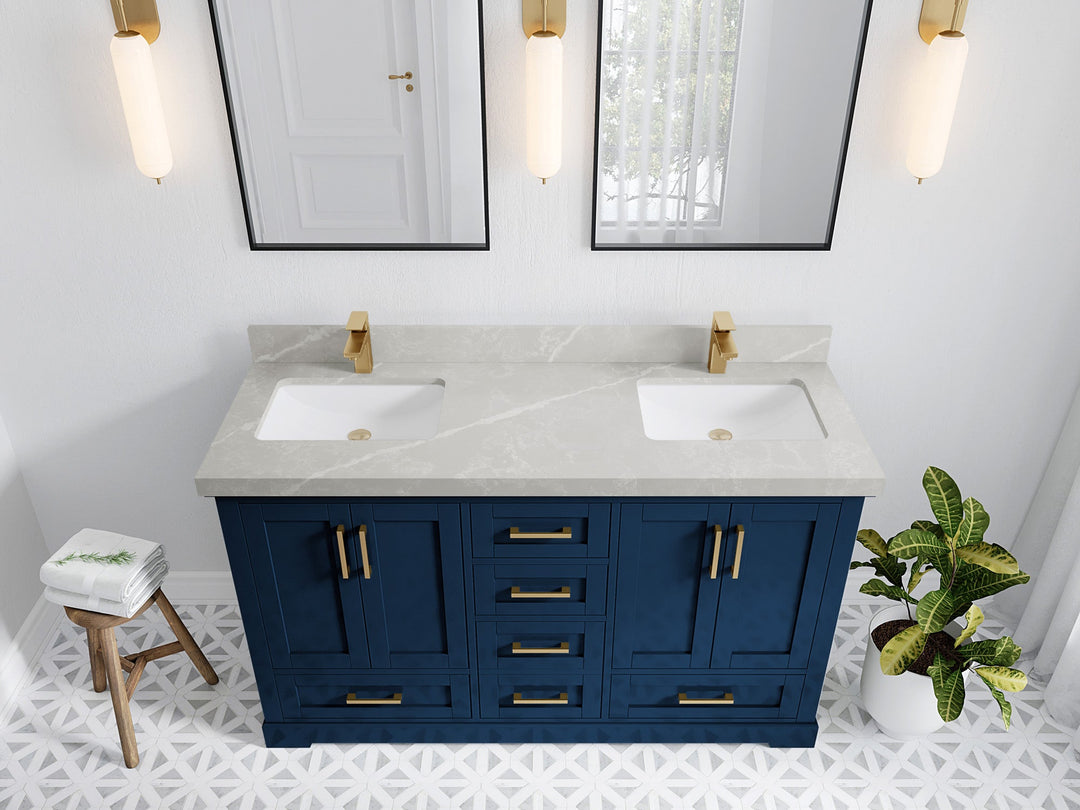 Boston 60 in. W x 22 in. D Double Sink Bathroom Vanity in Navy Blue with 2 in Pearl Light Gray Quartz Countertop - Top View