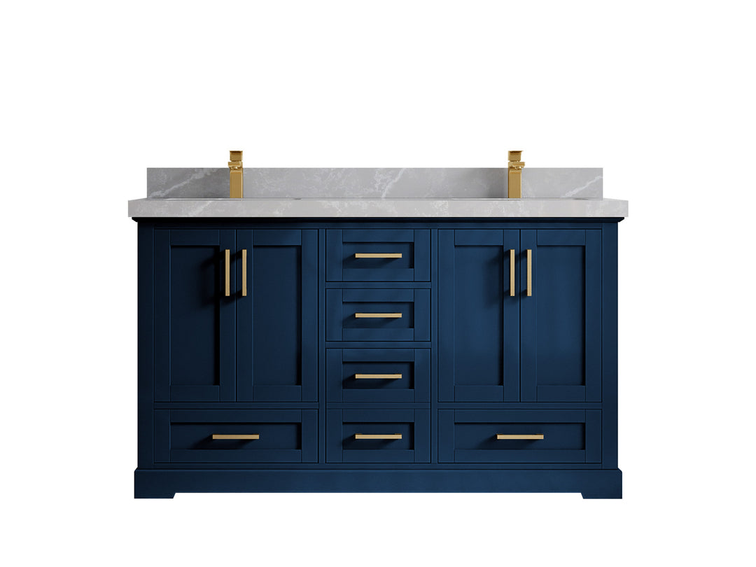 Boston 60 in. W x 22 in. D Double Sink Bathroom Vanity in Navy Blue with 2 in Pearl Light Gray Countertop