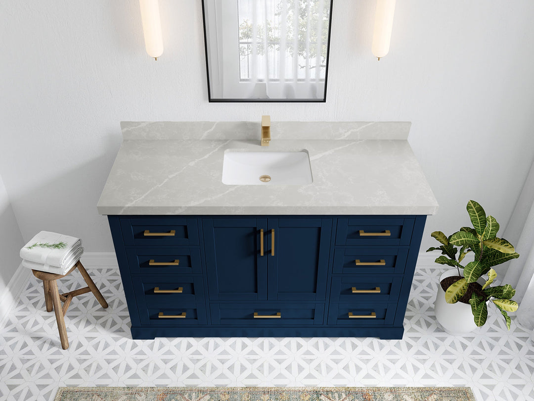 Boston 60 in. W x 22 in. D Single Sink Bathroom Vanity in Navy Blue with 2 in Pearl Light Gray Quartz Countertop - Top View