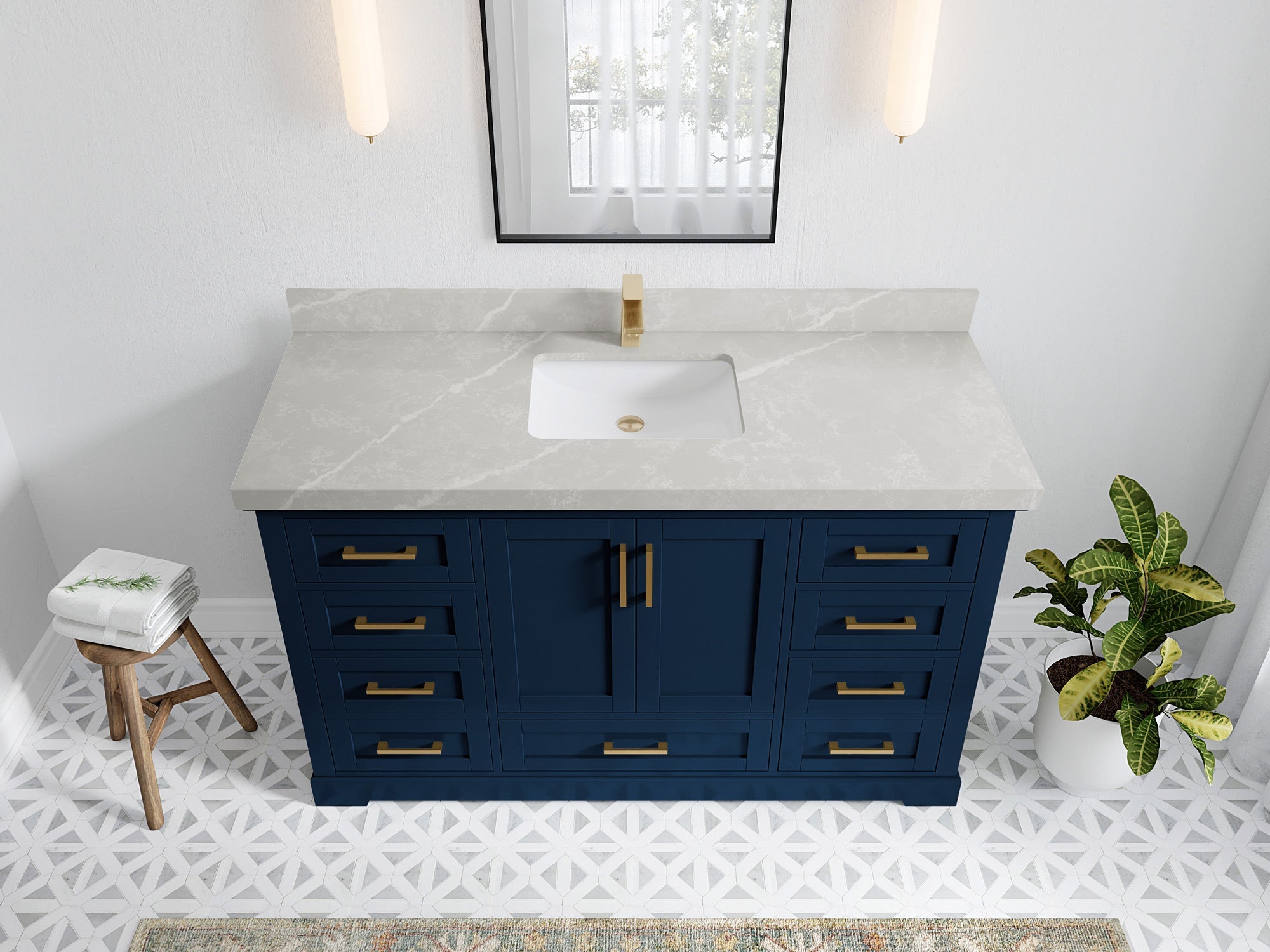 Boston 60 in. W x 22 in. D Single Sink Bathroom Vanity in Navy Blue with 2 in Pearl Light Gray Quartz Countertop - Top View