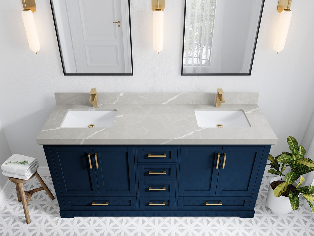Boston 72 in. W x 22 in. D Double Sink Bathroom Vanity in Navy Blue with 2 in Pearl Light Gray Quartz Countertop - Top View