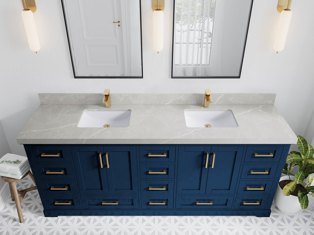 Boston 84 in. W x 22 in. D Double Sink Bathroom Vanity in Navy Blue with 2 in Pearl Light Gray Quartz Countertop - Top View
