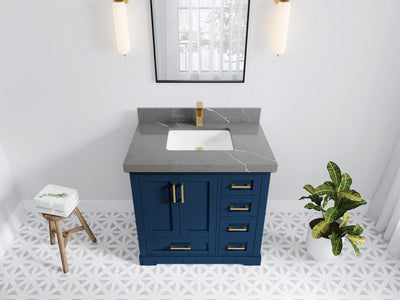 Boston 36 in. W x 22 in. D Single Sink Bathroom Vanity in Navy Blue with 2 in Piatra Gray Quartz Countertop - Top View