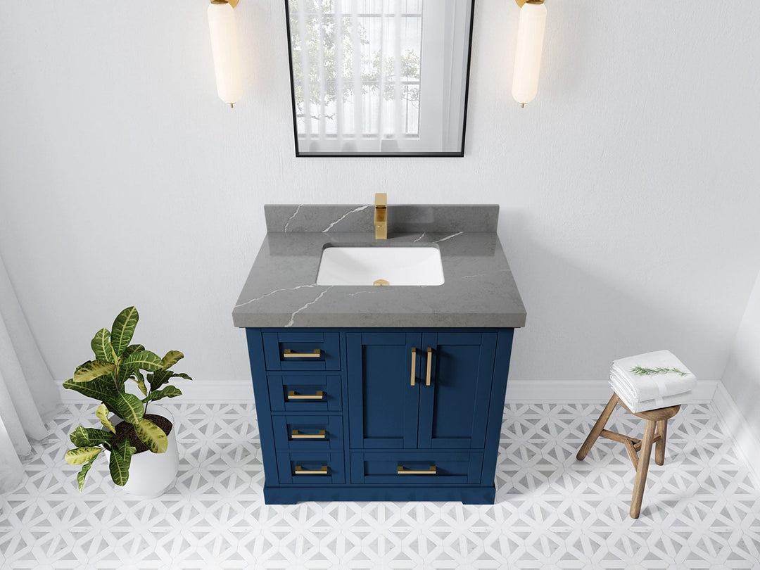 Boston 36 in. W x 22 in. D Single Sink Bathroom Vanity in Navy Blue with 2 in Piatra Gray Quartz Countertop - Top View