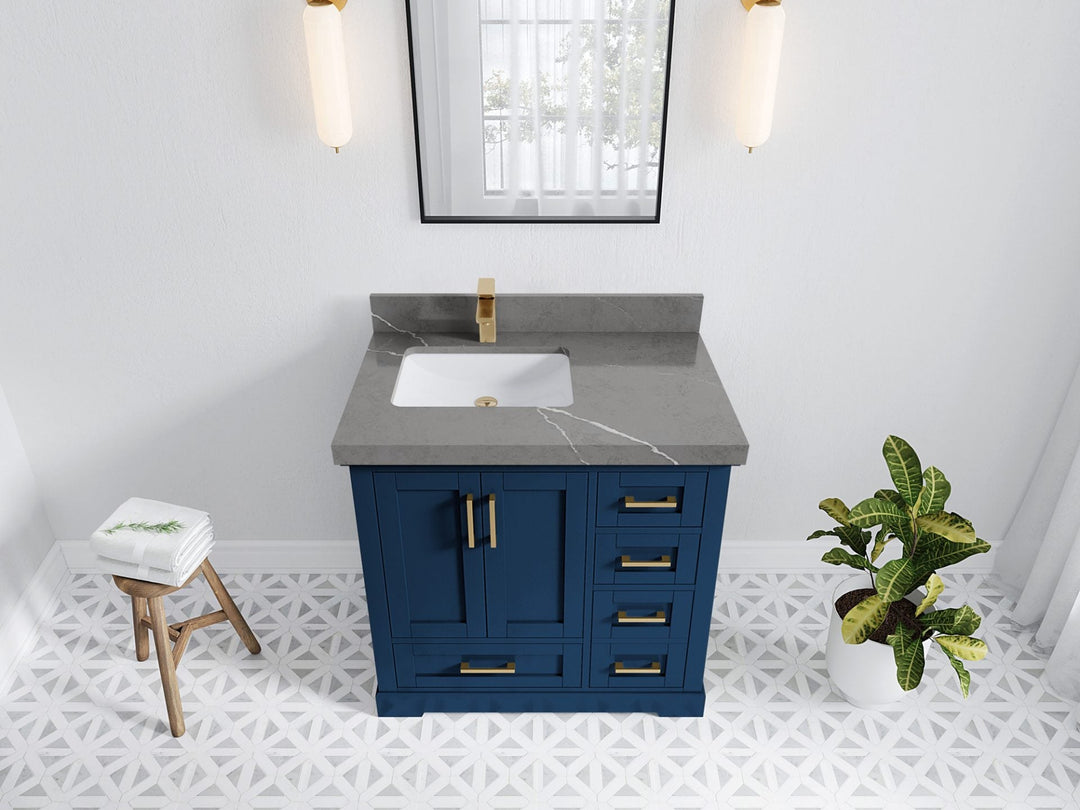 Boston 36 in. W x 22 in. D Single Sink Bathroom Vanity in Navy Blue with 2 in Piatra Gray Quartz Countertop - Top View