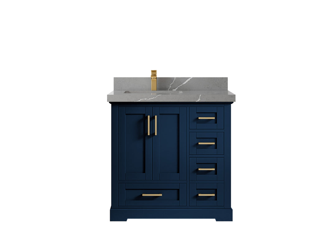 Boston 36 in. W x 22 in. D Single Sink Bathroom Vanity in Navy Blue with 2 in Piatra Gray Quartz Countertop