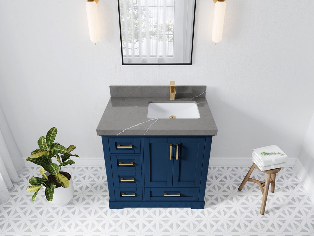 Boston 36 in. W x 22 in. D Single Sink Bathroom Vanity in Navy Blue with 2 in Piatra Gray Quartz Countertop - Top View