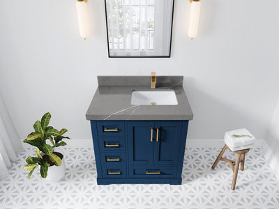 Boston 36 in. W x 22 in. D Single Sink Bathroom Vanity in Navy Blue with 2 in Piatra Gray Quartz Countertop - Top View