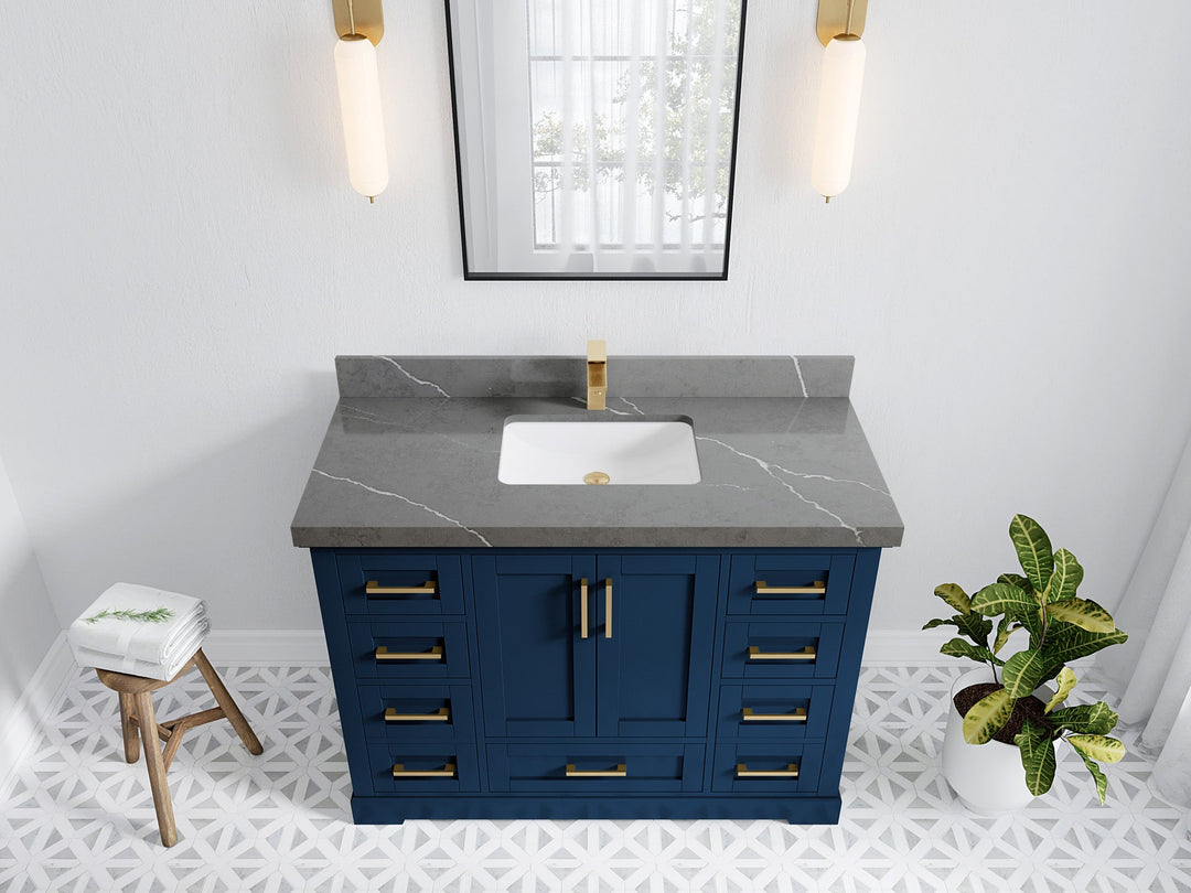 Boston 48 in. W x 22 in. D Single Sink Bathroom Vanity in Navy Blue with 2 in Piatra Gray Quartz Countertop - Top View