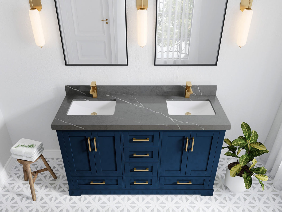 Boston 60 in. W x 22 in. D Double Sink Bathroom Vanity in Navy Blue with 2 in Piatra Gray Quartz Countertop - Top View