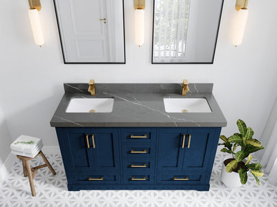 Boston 60 in. W x 22 in. D Double Sink Bathroom Vanity in Navy Blue with 2 in Piatra Gray Quartz Countertop - Top View