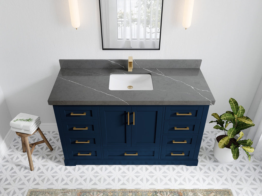 Boston 60 in. W x 22 in. D Single Sink Bathroom Vanity in Navy Blue with 2 in Piatra Gray Quartz Countertop - Top View