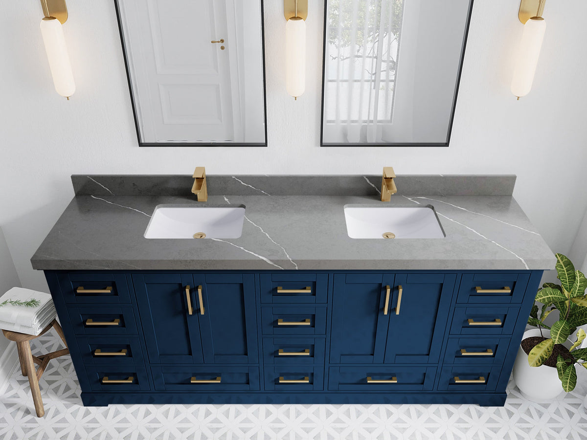 Boston 84 in. W x 22 in. D Double Sink Bathroom Vanity in Navy Blue with 2 in Piatra Gray Quartz Countertop - Top View