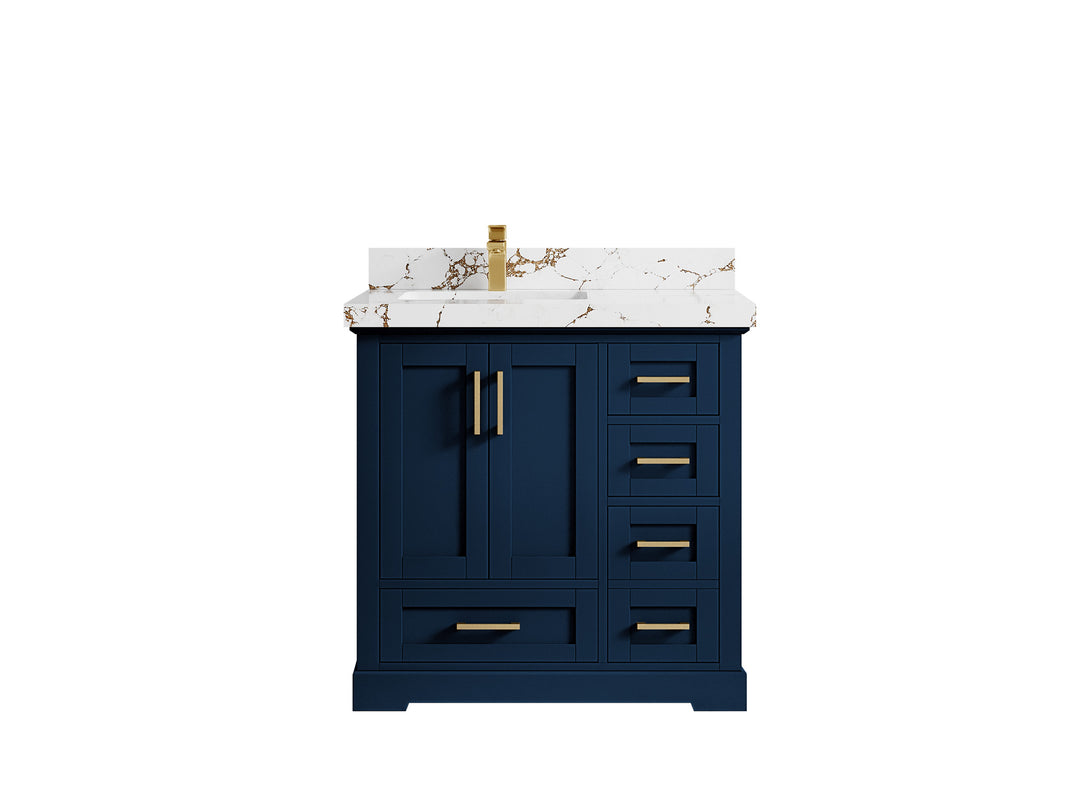Boston 36 in. W x 22 in. D Single Sink Bathroom Vanity in Navy Blue with 2 in Viola Brown Quartz Countertop