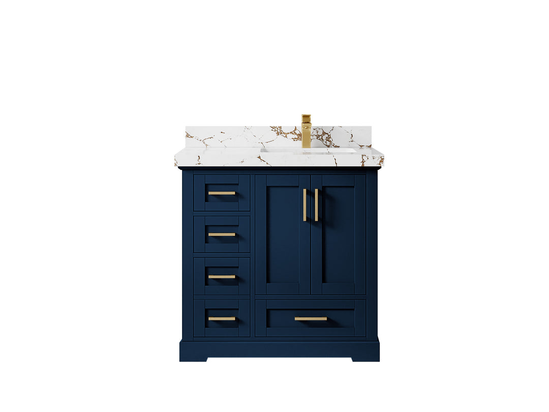 Boston 36 in. W x 22 in. D Single Sink Bathroom Vanity in Navy Blue with 2 in Viola Brown Quartz Countertop