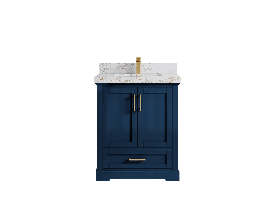 Boston 30 in. W x 22 in. D Single Sink Bathroom Vanity in Navy Blue with 2 in Viola Gold Quartz Countertop