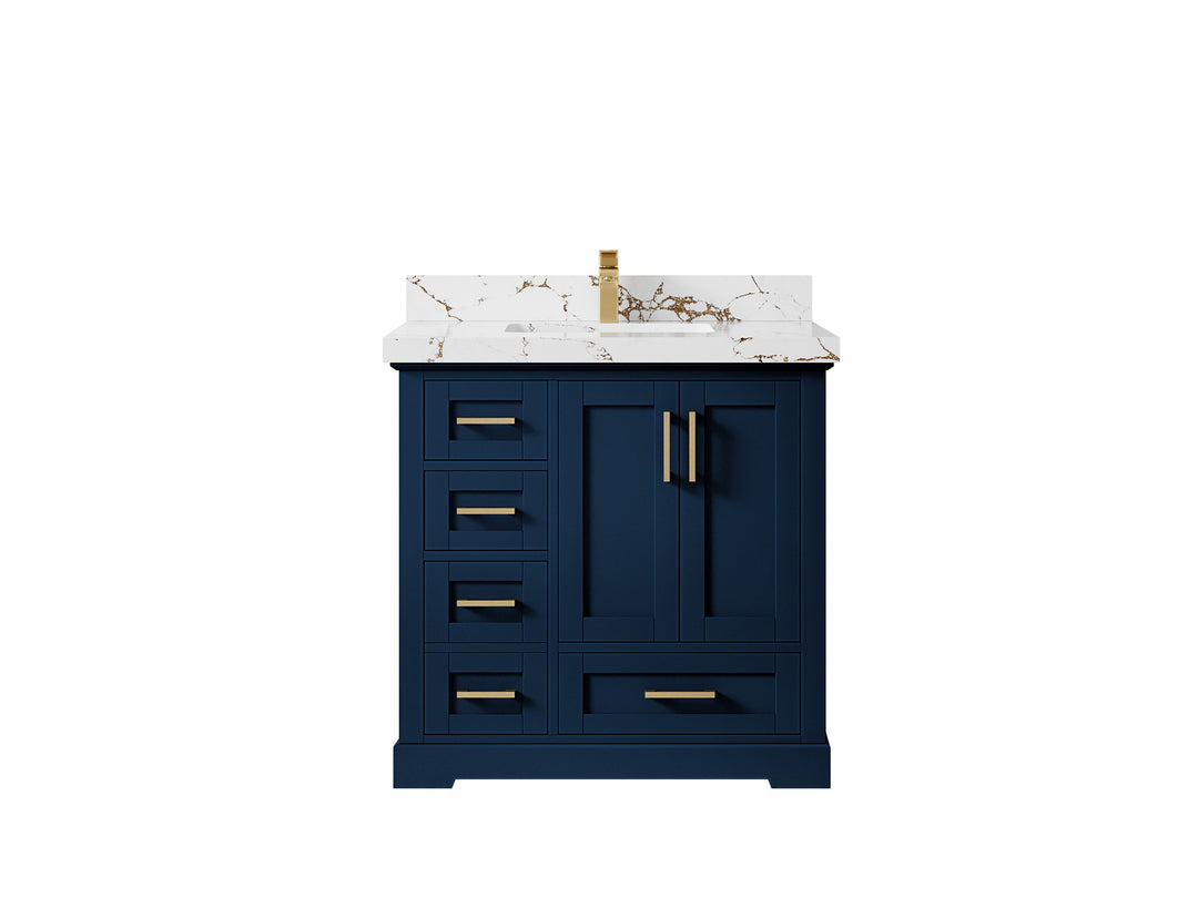 Boston 36 in. W x 22 in. D Single Sink Bathroom Vanity in Navy Blue with 2 in Viola Gold Quartz Countertop