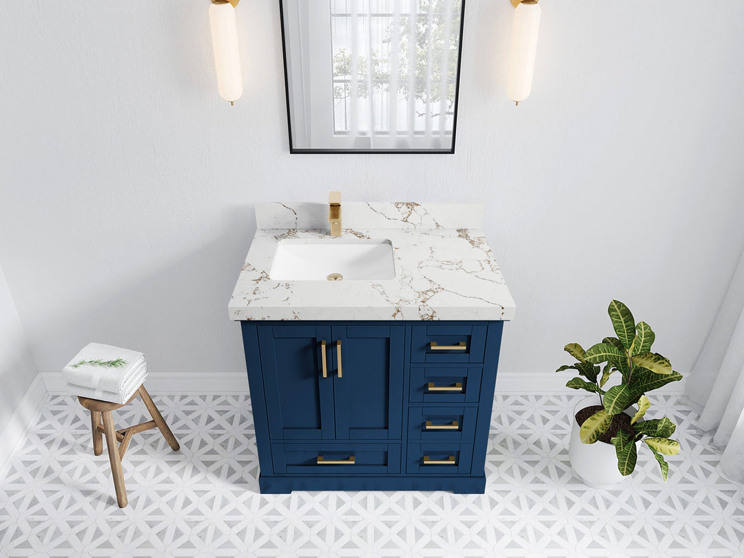 Boston 36 in. W x 22 in. D Single Sink Bathroom Vanity in Navy Blue with 2 in Viola Gold Quartz Countertop - Top View