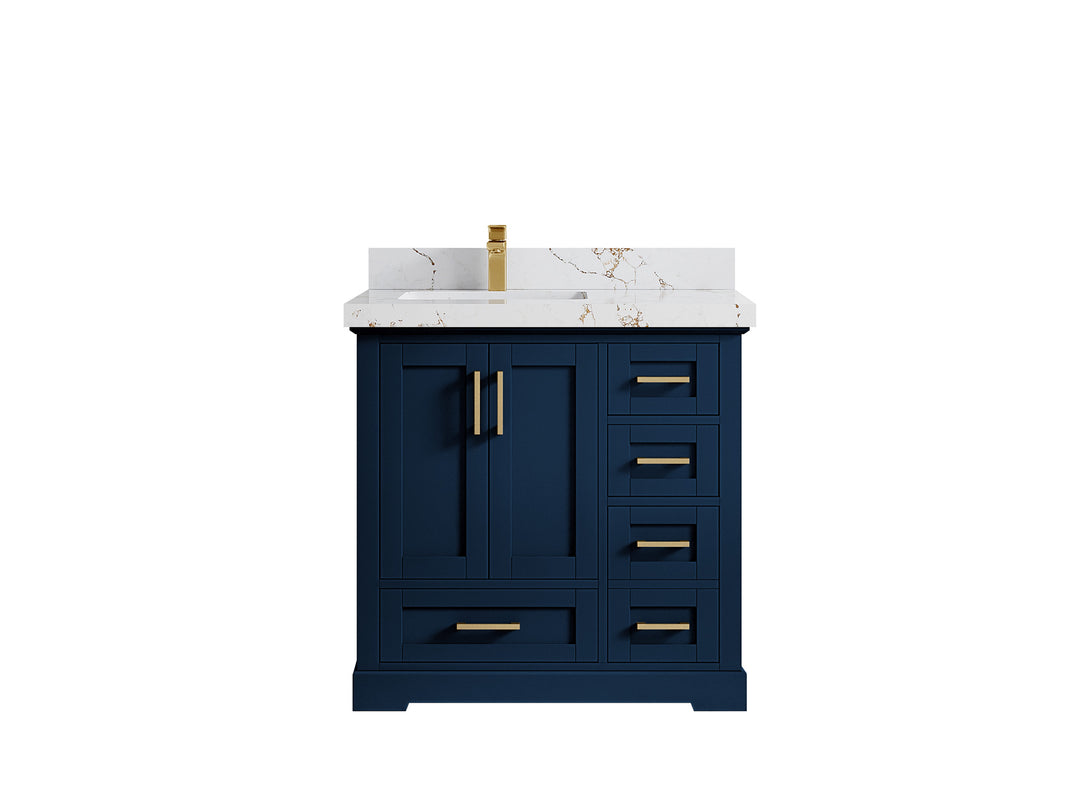 Boston 36 in. W x 22 in. D Single Sink Bathroom Vanity in Navy Blue with 2 in Viola Gold Quartz Countertop