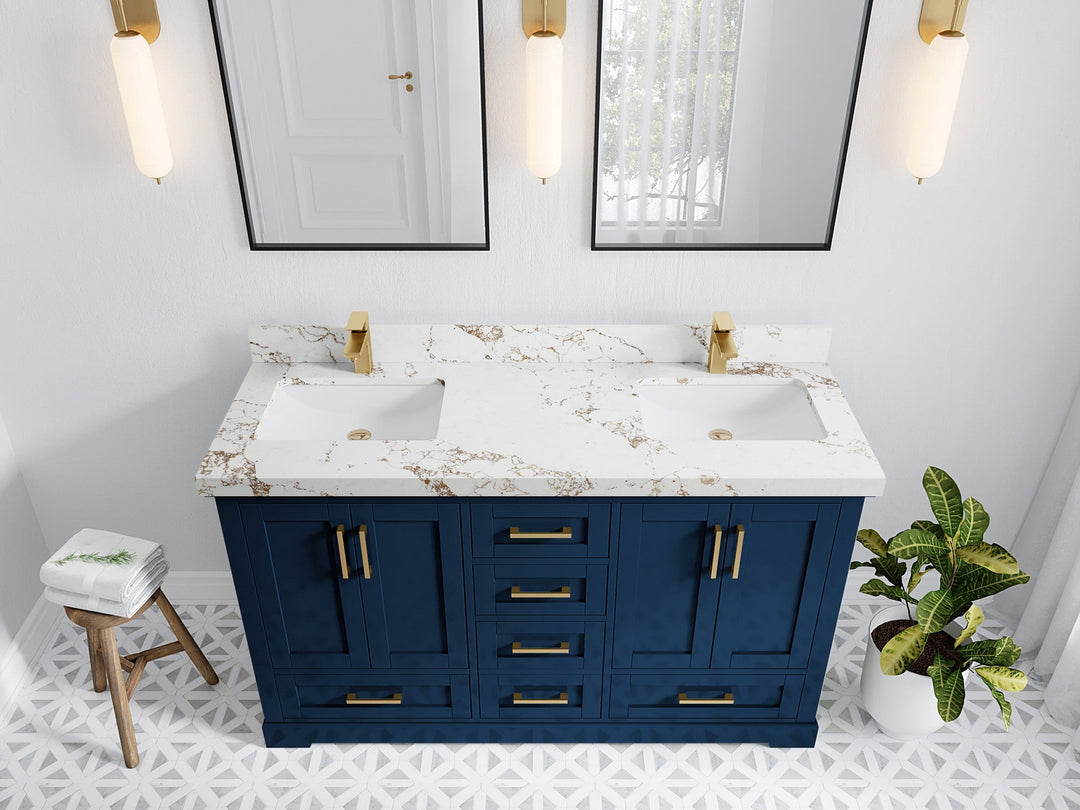 Boston 60 in. W x 22 in. D Double Sink Bathroom Vanity in Navy Blue with 2 in Viola Gold Quartz Countertop - Top View