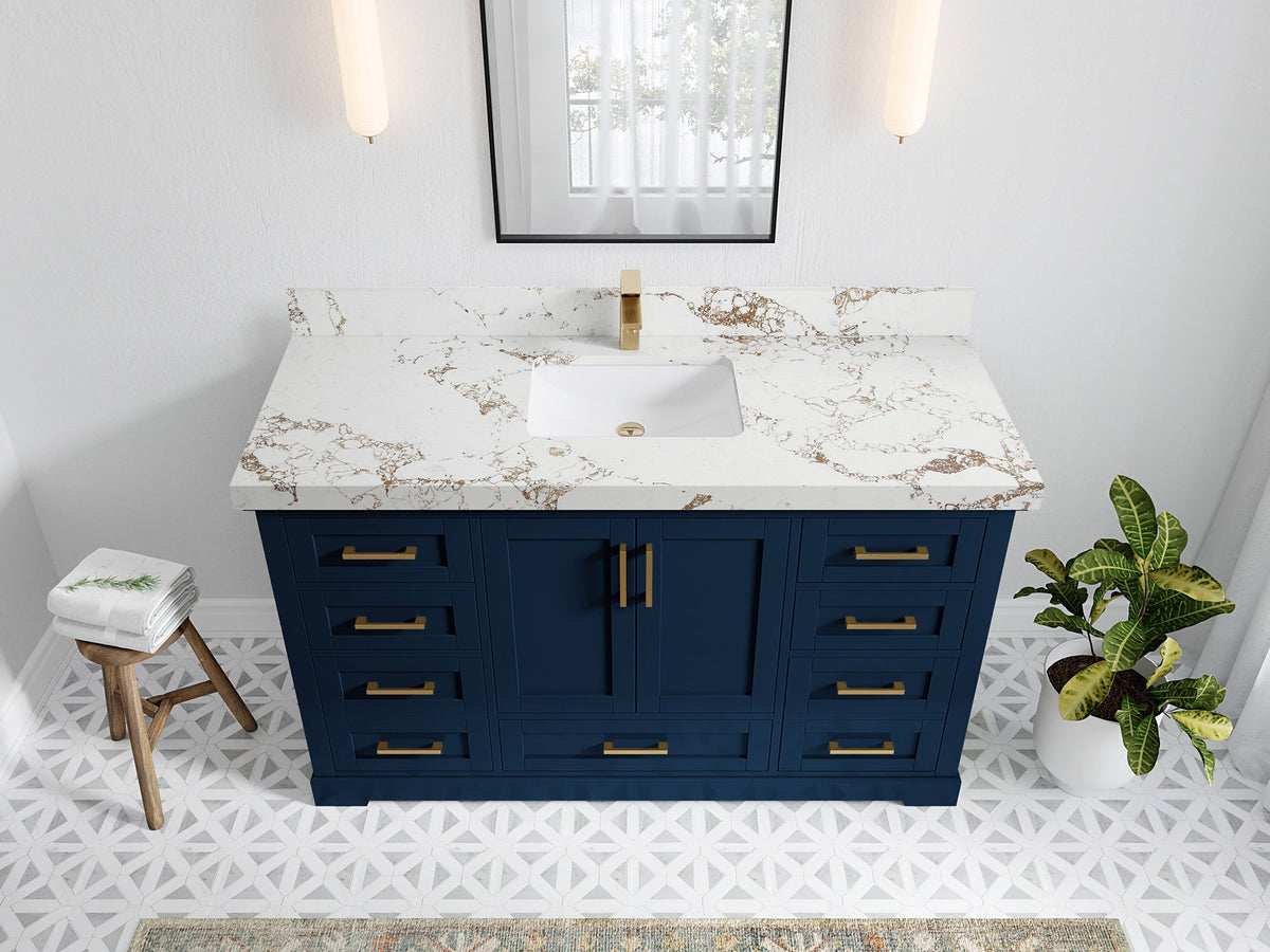 Boston 60 in. W x 22 in. D Single Sink Bathroom Vanity in Navy Blue with 2 in Viola Gold Quartz Countertop - Top View