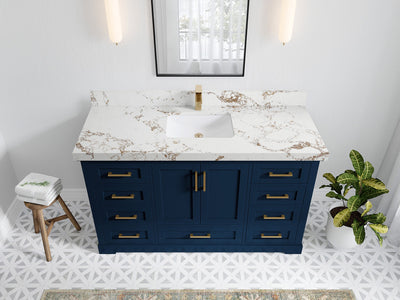 Boston 60 in. W x 22 in. D Single Sink Bathroom Vanity in Navy Blue with 2 in Viola Gold Quartz Countertop - Top View