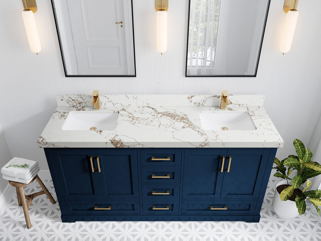 Boston 72 in. W x 22 in. D Double Sink Bathroom Vanity in Navy Blue with 2 in Viola Gold Quartz Countertop - Top View