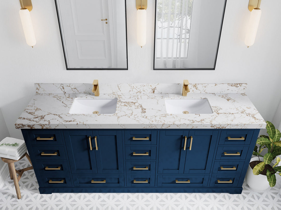 Boston 84 in. W x 22 in. D Double Sink Bathroom Vanity in Navy Blue with 2 in Viola Gold Quartz Countertop - Top View