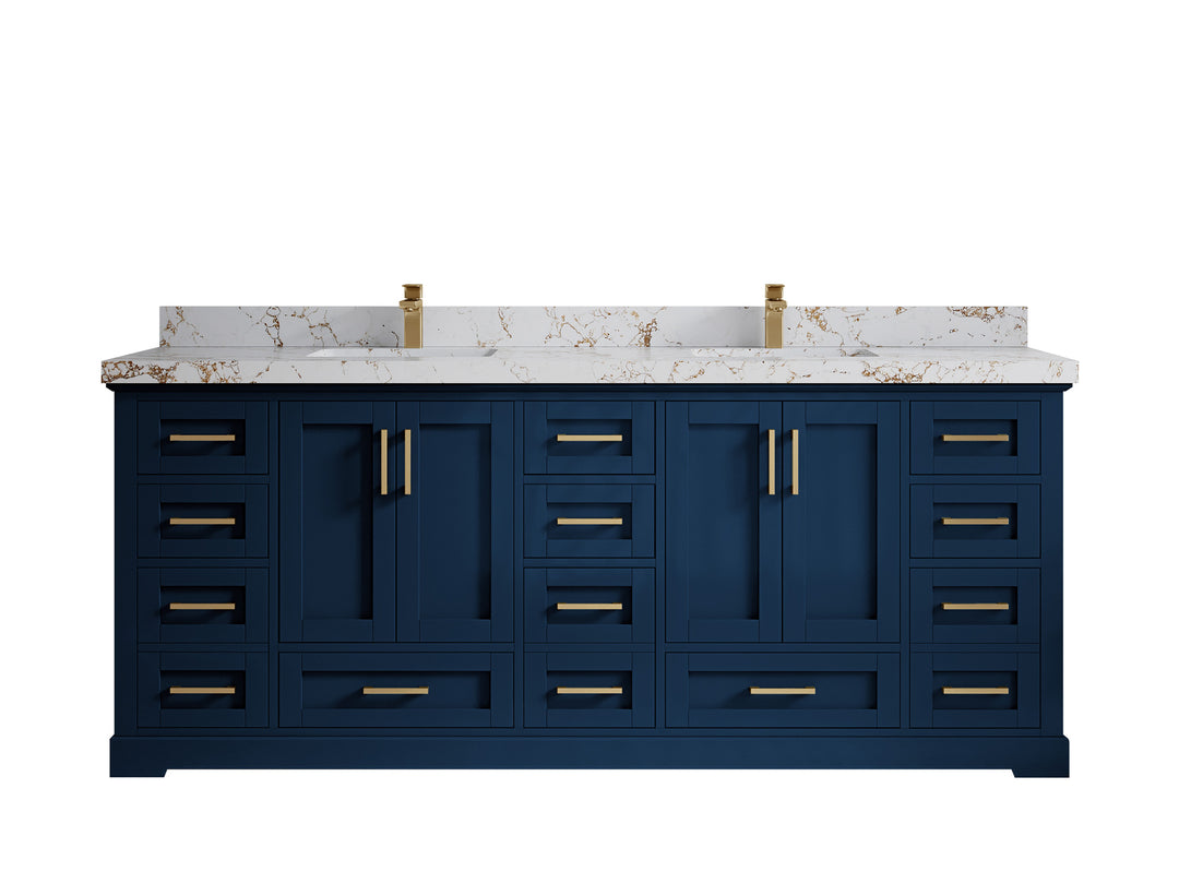 Boston 84 in. W x 22 in. D Double Sink Bathroom Vanity in Navy Blue with 2 in Viola Gold Quartz Countertop