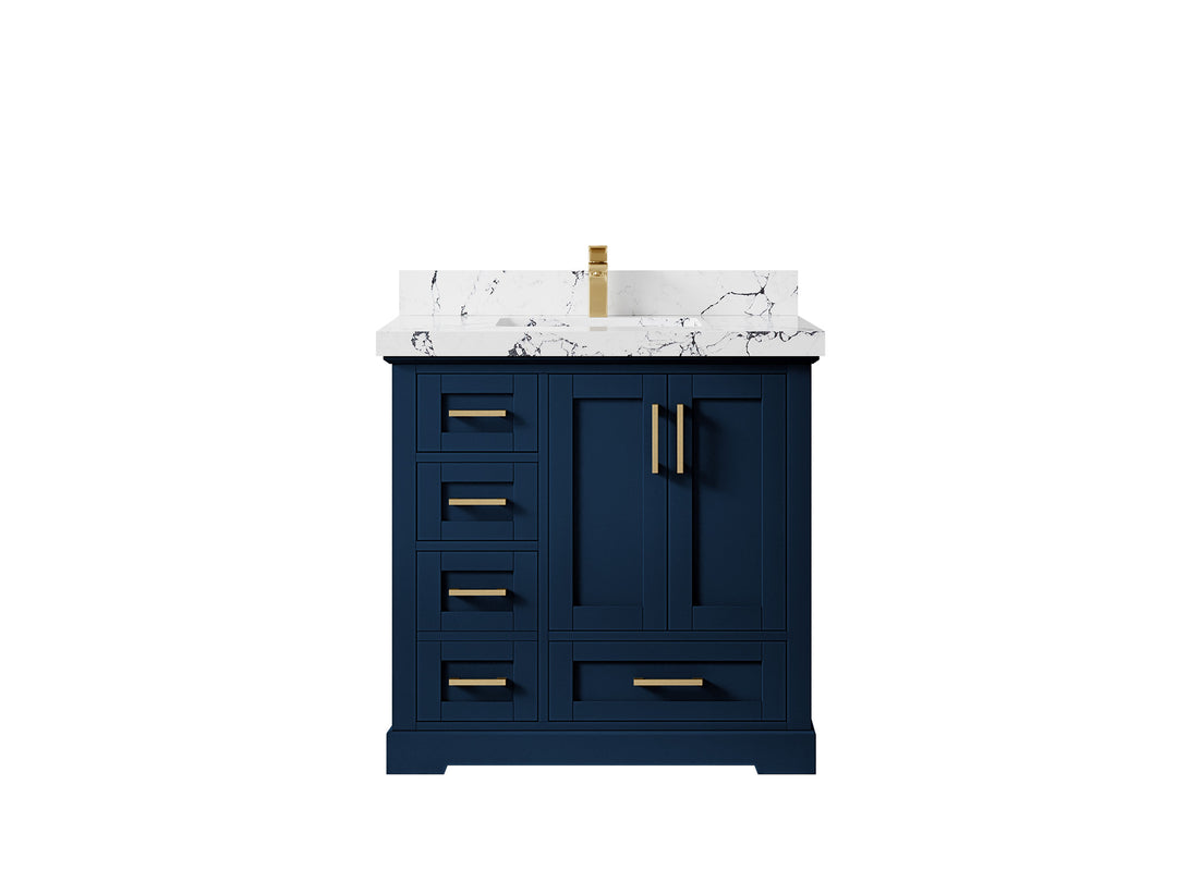 Boston 36 in. W x 22 in. D Single Sink Bathroom Vanity in Navy Blue with 2 in Viola Night Quartz Countertop