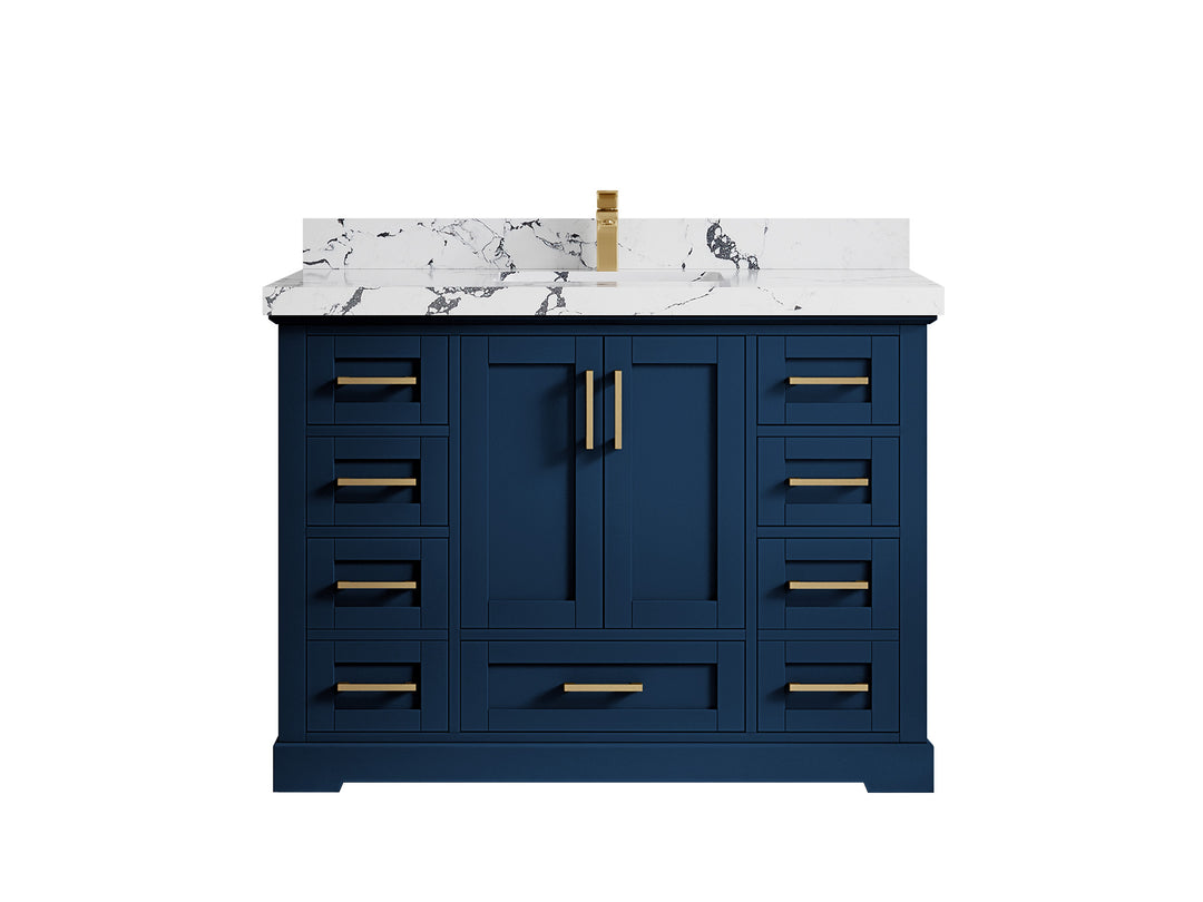 Boston 48 in. W x 22 in. D Single Sink Bathroom Vanity in Navy Blue with 2 in Viola Night Quartz Countertop