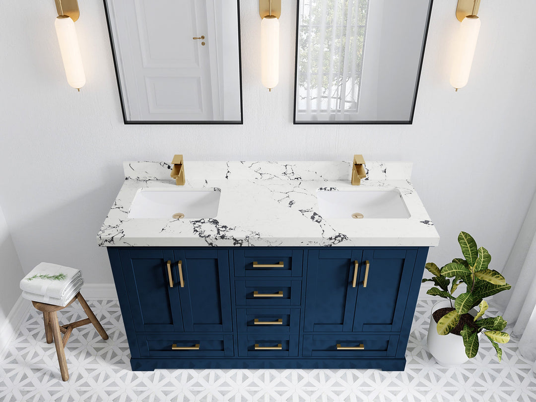 Boston 60 in. W x 22 in. D Double Sink Bathroom Vanity in Navy Blue with 2 in Viola Night Quartz Countertop - Top View