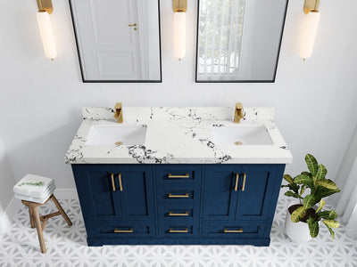 Boston 60 in. W x 22 in. D Double Sink Bathroom Vanity in Navy Blue with 2 in Viola Night Quartz Countertop - Top View