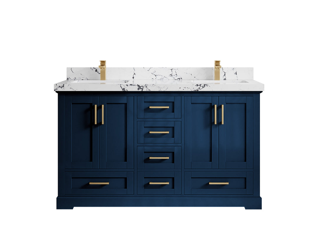Boston 60 in. W x 22 in. D Double Sink Bathroom Vanity in Navy Blue with 2 in Viola Night Quartz Countertop