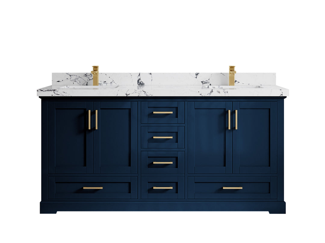 Boston 72 in. W x 22 in. D Double Sink Bathroom Vanity in Navy Blue with 2 in Viola Night Quartz Countertop