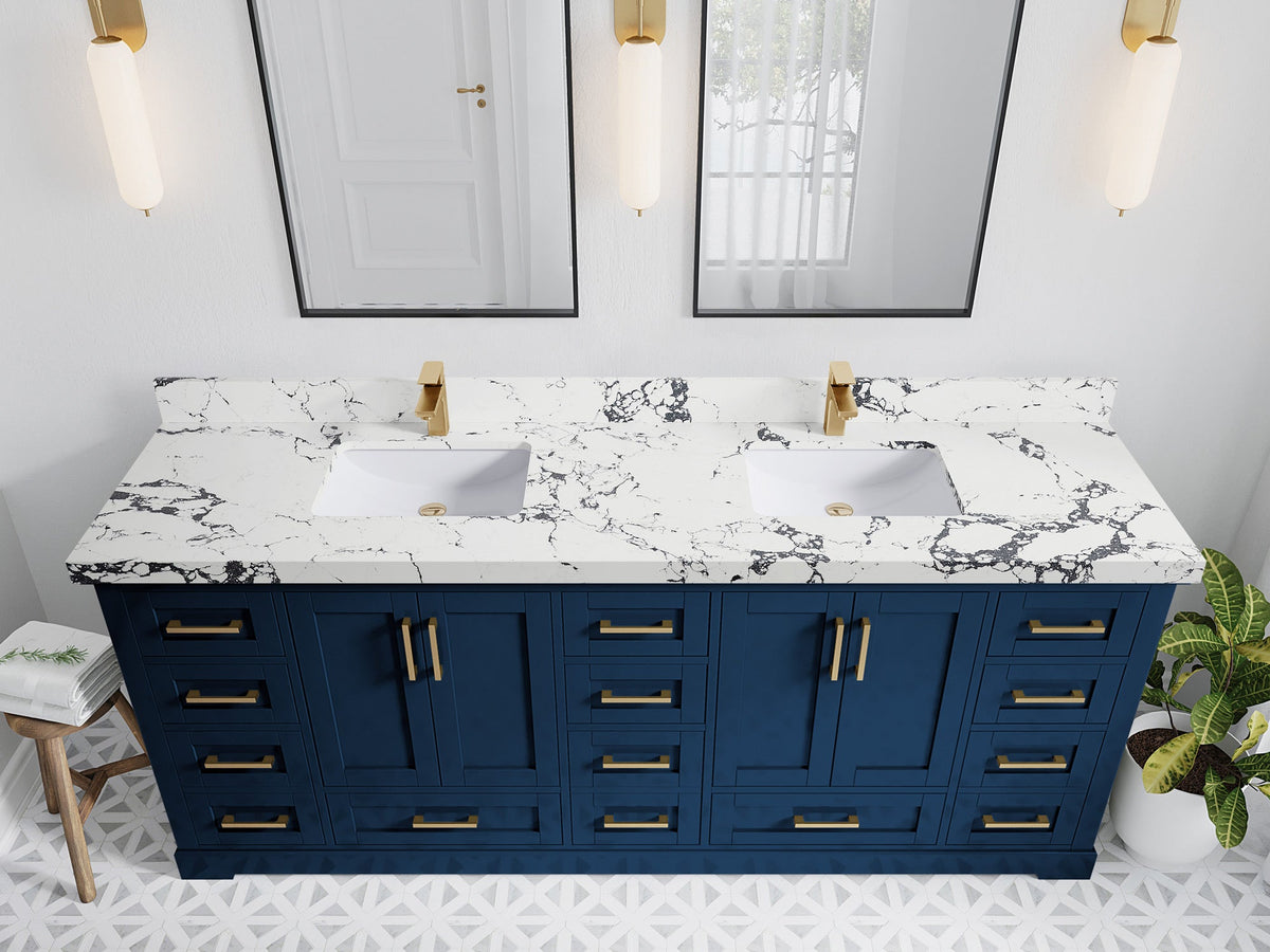 Boston 84 in. W x 22 in. D Double Sink Bathroom Vanity in Navy Blue with 2 in Viola Night Quartz Countertop - Top View