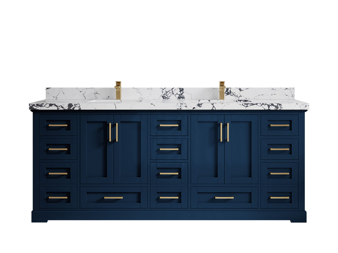 Boston 84 in. W x 22 in. D Double Sink Bathroom Vanity in Navy Blue with 2 in Viola Night Quartz Countertop